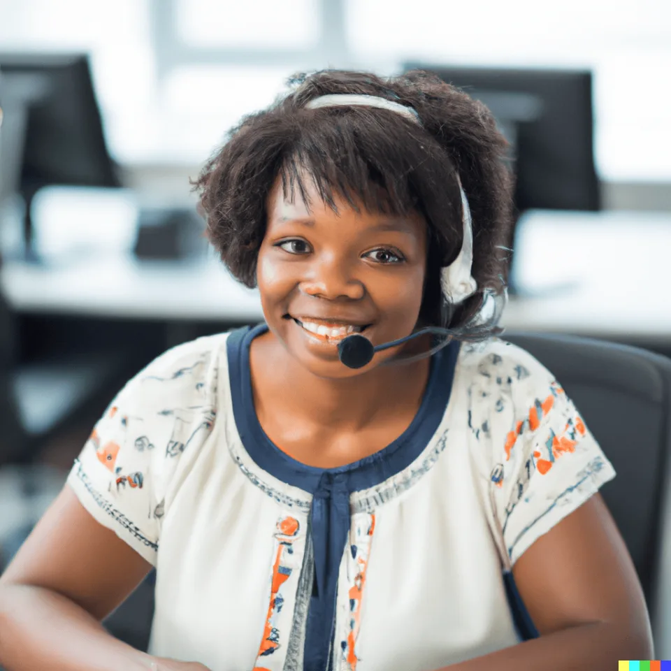 Dall E 2022 12 12 171117 woman on A headset in an office in A customer service role answering the phone and looking happy