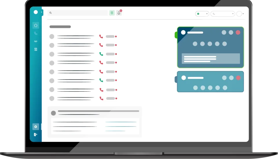 The Dstny ConnectMe app in a web browser on a laptop: call history and contacts, with two call panels open