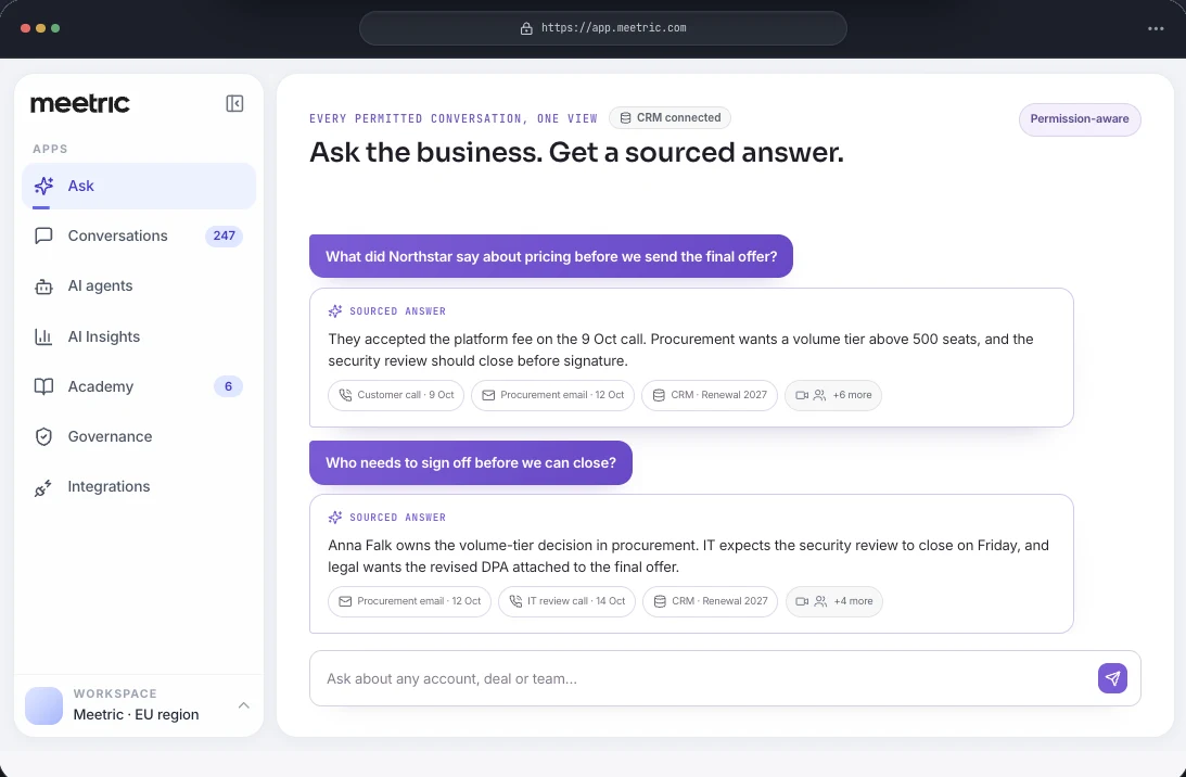 The Meetric Ask screen: two questions about a customer deal, each answered from calls, emails and CRM records with the sources listed beneath