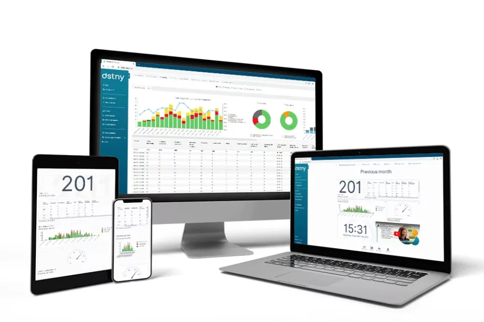 Dstny Intelligence reports on a desktop monitor, with a live wallboard on a laptop, a tablet and a phone